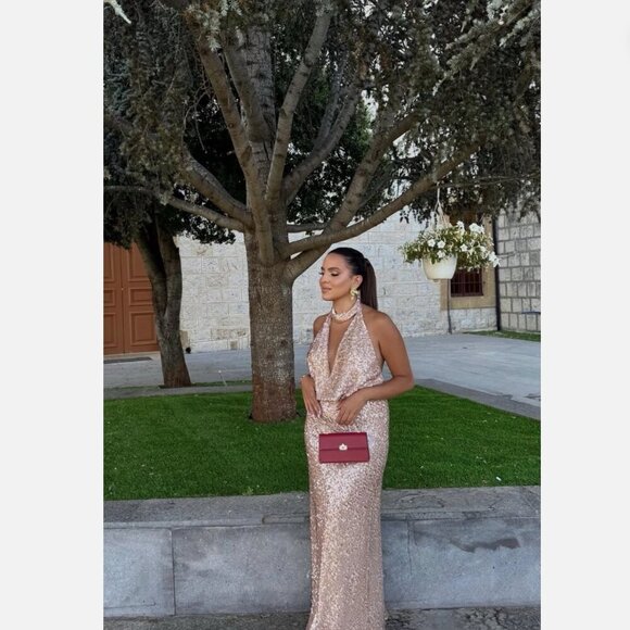 Zara Sequin Halter Maxi Dress NWT Beige Pink Size Medium - Picture 8 of 16